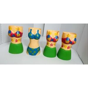 Vintage Plastic Tiki Bar Mug Set Of 4 Hawaiian Polynesian Hula Girl Lei Bikini